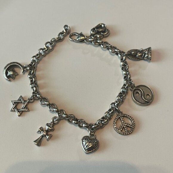 LIKE NEW > Brighton Silver Charm Bracelet – Symbols of Faith & Unity - Picture 1 of 3